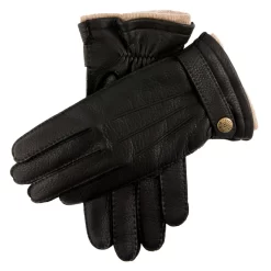 Men's Handsewn Three-Point Cashmere-Lined Deerskin Leather Gloves With Cashmere Cuffs -Fashion Accessories Shop mens deerskin cashmere lined leather gloves Black