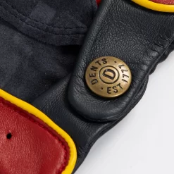 Men’s Touchscreen Three-Colour Leather Driving Gloves -Fashion Accessories Shop mens leather touchscreen three colour gloves red navy yellow button