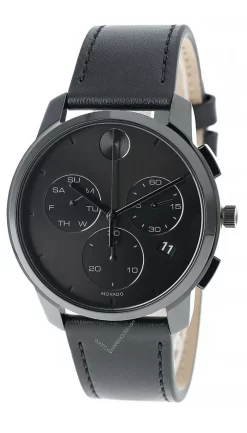 MOVADO Bold Thin 42MM CHRONO Black Dial Leather Men's Watch 3600632