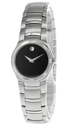 Fashion Accessories Shop 30 MOVADO Juro S-Steel Black Dial Diamond Bezel Women's Watch 0605032