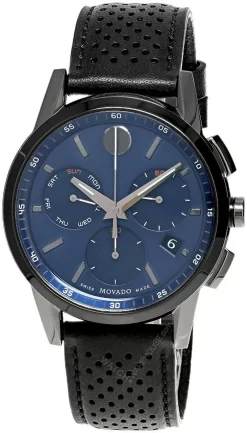 MOVADO Museum Sport 43MM CHRONO SS Blue Dial Leather Men's Watch 0607561