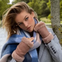 Women's Fingerless Sheepskin Mittens -Fashion Accessories Shop woman wearing honey fingerless sheepskin mittens