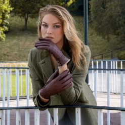 Women’s Three-Point Cashmere-Lined Deerskin Leather Gloves With Cashmere Cuffs 6 Women’s Three-Point Cashmere-Lined Deerskin Leather Gloves With Cashmere Cuffs -Fashion Accessories Shop woman wearing walnut cashmere lined deerskin gloves