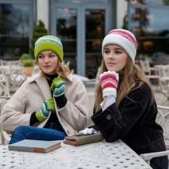 Women’s Knitted Beanie Hat With Contrasting Stripes -Fashion Accessories Shop womanwearingknittedstripehatinwhite