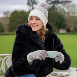 Women’s Jacquard Knitted Bobble Hat With Hash Symbol Pattern -Fashion Accessories Shop womens bobble knitted hat in camel white