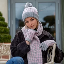 Women’s Knitted Bobble Hat With Dogtooth Pattern -Fashion Accessories Shop womens dogstooth knitted gloves scarf hat in dove grey pink 85afb9bf 9555 443d 85ad eba876fd6df5