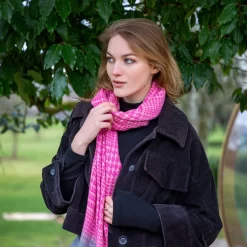 Women’s Dogtooth Scarf With Asymmetric Details And Tassels -Fashion Accessories Shop womens dogtooth asymmetric scarf pink