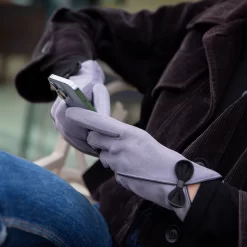 Women’s Touchscreen Velour-Lined Faux Suede Gloves With Contrast Trim And Bow -Fashion Accessories Shop womens faux suede gloves with bow grey 2