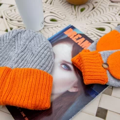 Women’s Two-Tone Fingerless Gloves With Mitten Flap -Fashion Accessories Shop womens fingerless mittens gloves grey orange 2
