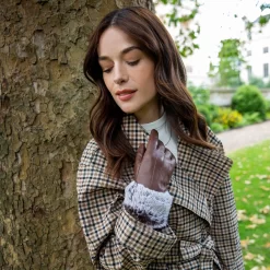 Women’s Touchscreen Three-Point Lined Leather Gloves With Faux Fur Cuffs -Fashion Accessories Shop womens leather gloves faux fur cuff brown 1