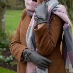 Women’s Touchscreen Wool-Lined Leather Gloves With Bow -Fashion Accessories Shop womens leather gloves with bow charcoal 2