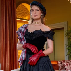 Women’s Wool-Lined Leather Gloves With Buttons And Piping -Fashion Accessories Shop womens leather gloves with buttons and pipping in berry