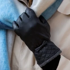 Women’s Wool-Lined Leather Gloves With Quilted Cuffs And Bow -Fashion Accessories Shop womens leather gloves with quilted cuffs black grey 2