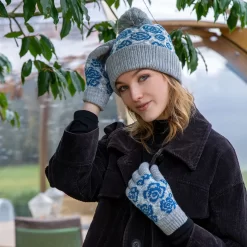 Women’s Jacquard Knitted Bobble Hat With Rose Pattern -Fashion Accessories Shop womens rose pattern knitted gloves hat grey