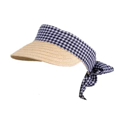 Womenâs Straw Sun Visor With Gingham Ribbon Band And Tie
