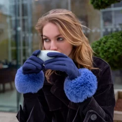 Women's Touchscreen Velour-Lined Faux Suede Gloves With Faux Fur Cuffs -Fashion Accessories Shop womens touchscreen faux suede blue gloves