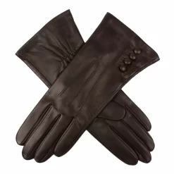 Women's Touchscreen Three-Point Silk-Lined Leather Gloves With Buttons -Fashion Accessories Shop womens touchscreen leather gloves with buttons mocca